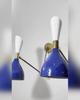 Italian Brass Diablo Wall Sconce Pair: Blue & White Mid-Century Light