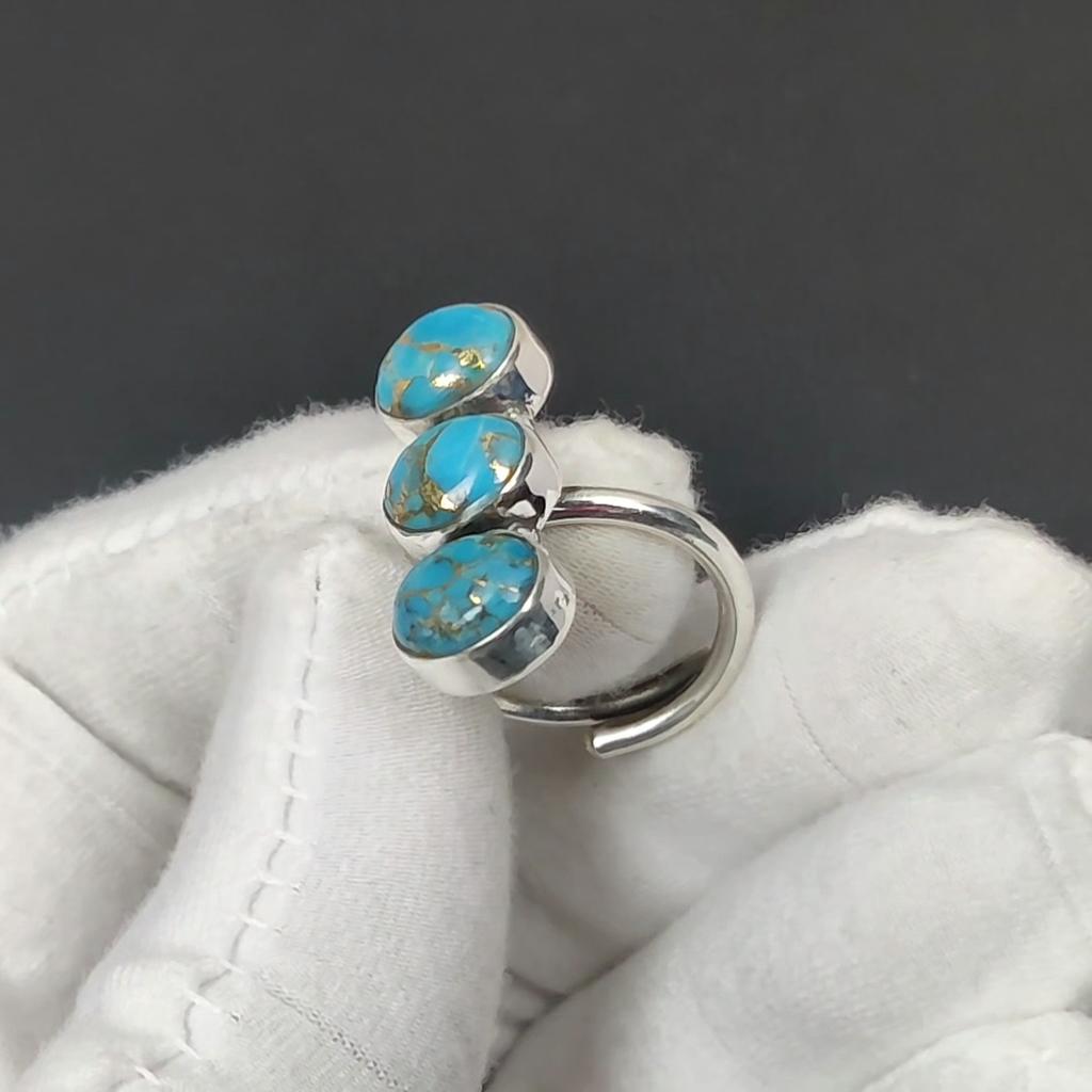 Blue Copper Turquoise Adjustable 925 Sterling Silver Ring - Fits US Sizes 6 to 10 - Handmade Boho Jewelry for Women & Men, Valentine Gifts