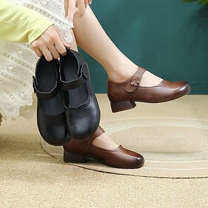 Johnature Retro Comfortable Thick Heeled Shoes Casual Genuine Leather Pumps Commuter Versatile Women's Shoes