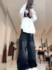 Y2k Vintage Black Letter Embroidery Jeans Washed Harajuku Wide Leg American Retro Scimitar Denim Pant Baggy Casual