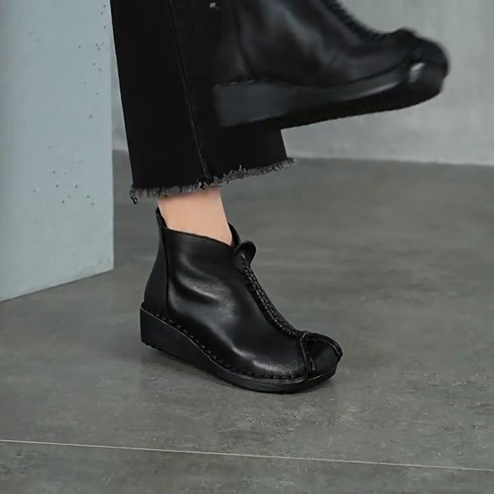 Johnature Versatile Genuine Leather Women's Wedges Shoes Retro Cowhide Soft Soled Short Boots