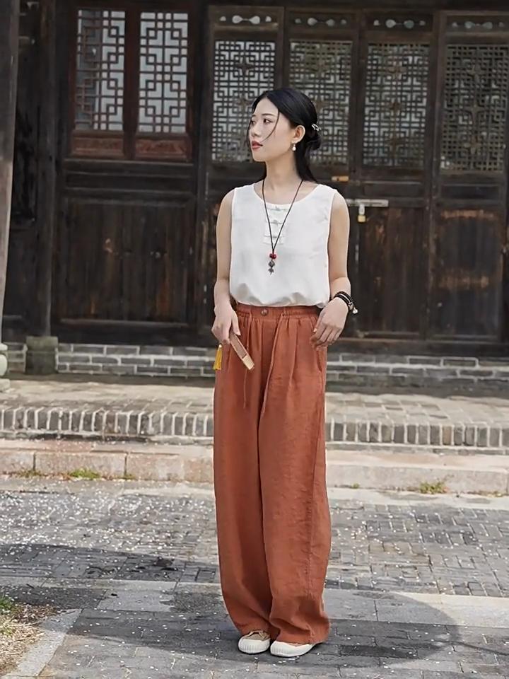 Johnature Women Vintage Straight Pants Summer Chinese Style Solid Color Loose Trousers Elastic Waist Pants