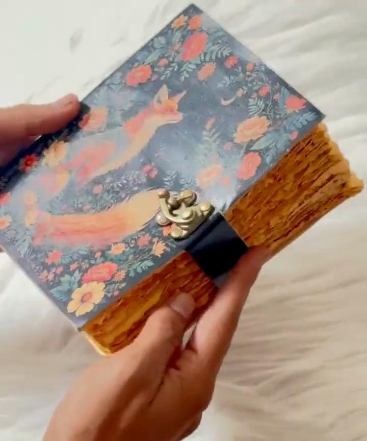 Fox & Moon Floral Lock Journal | Vintage Handmade Writing Notebook | Leather Bound Sketchbook with Lock