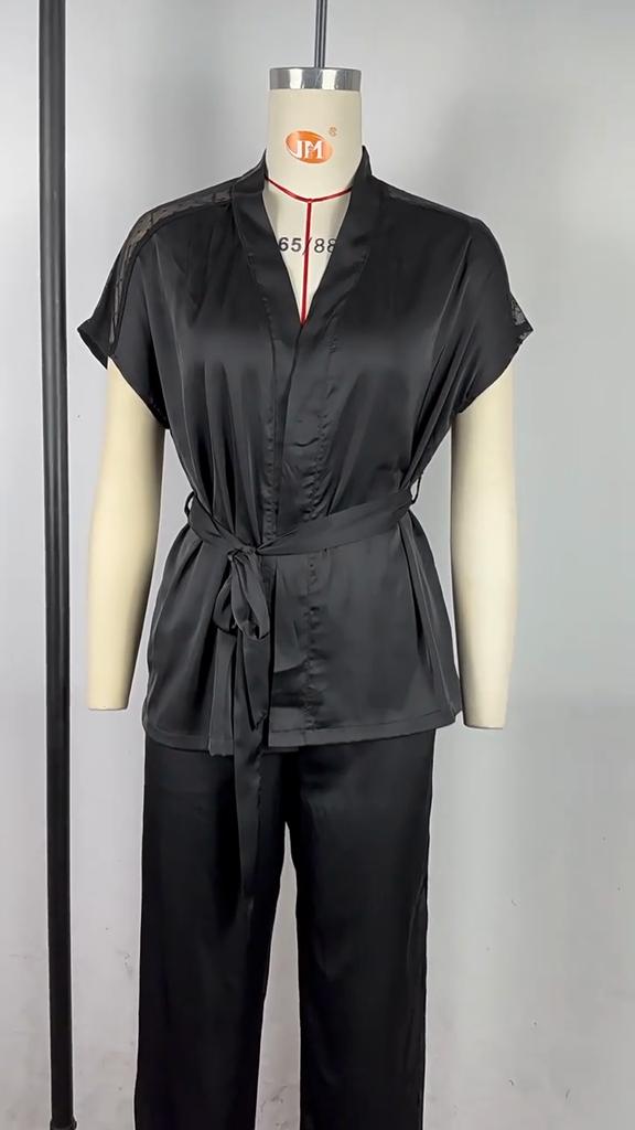 Patchwork Short-sleeved Women's Pajamas Spring and Autumn Lace-up Cardigan Robe Pajama Trousers Suit Ladies Homewear