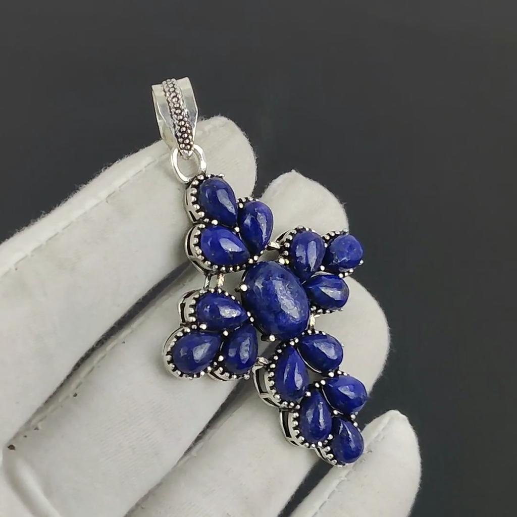 Naturlig Lapis Lazuli Ädelsten Silver Kors Hänge i 925 Sterling Silver - Handgjord Päron Design, Vardags Smycken Alla Hjärtans Dag Gåva
