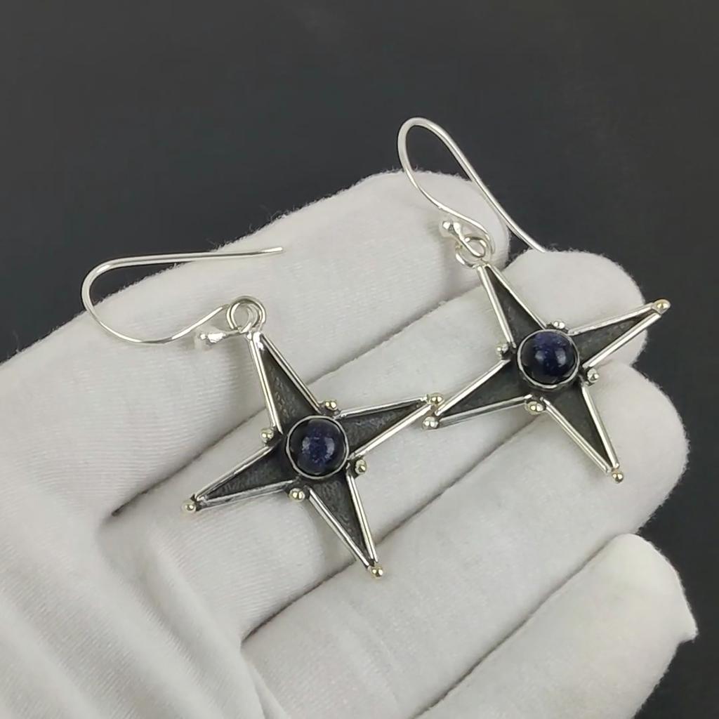 Natural Blue Sunstone Gemstone Star Shape Earrings, 925 Sterling Silver Earring, Handmade Boho Silver Jewelry Dangle Earrings, Wadding Gift
