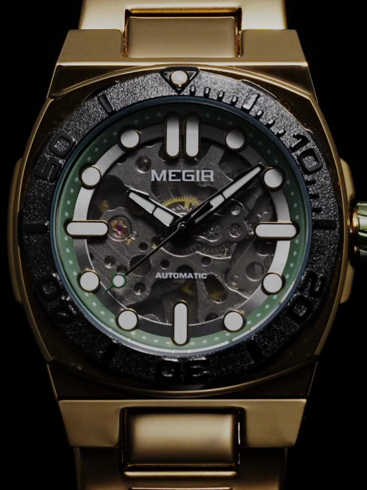 Megir Luxusní mechanické pánské hodinky Skeleton ciferník Business volnočasové náramkové hodinky Plně automatické náramkové hodinky Hodiny Relogio Masculino 8606