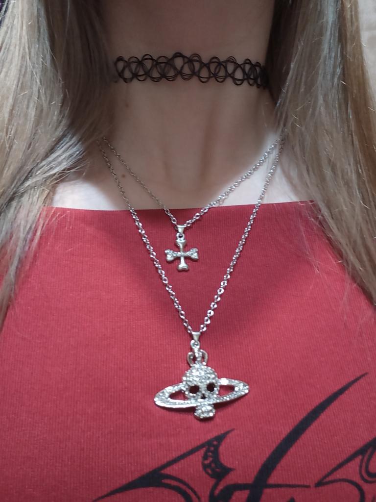 Collana Gotica Con Ciondolo Teschio E Croce - Gioiello Punk In Lega, Nero, Catena Regolabile 46+5 Cm, Per Donne E Ragazze