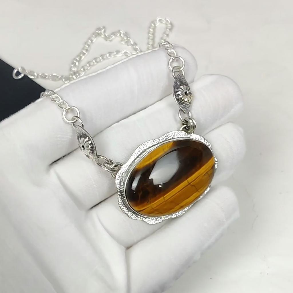 Natural Tiger Eye Gemstone Handmade 925 Sterling Silver Electroform Necklace, Tiger Eye Silver For Wife Unisex Pendant Thanksgiving Gifts