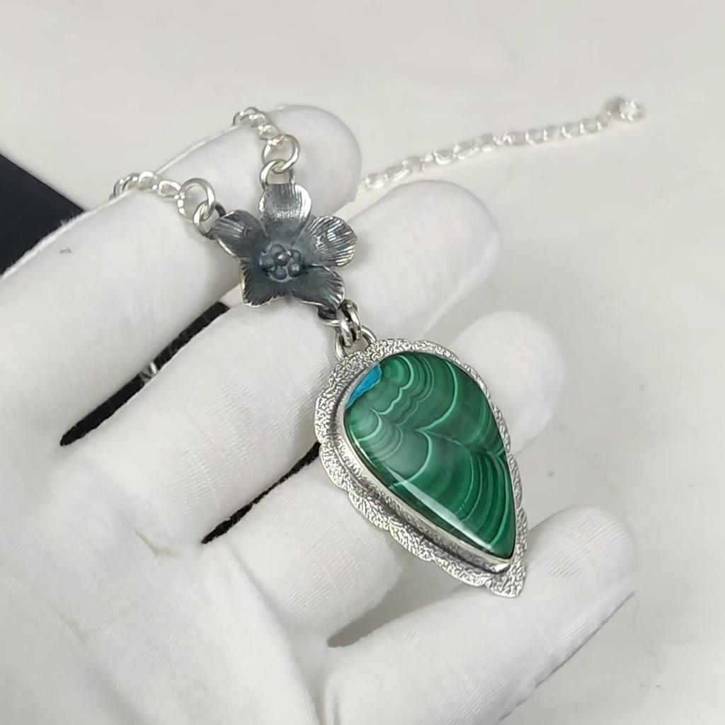 Natural Malachite Gemstone Handmade 925 Sterling Silver Electroform Flower Necklace, Malachite Silver For Wife Unisex Pendant Esater Gifts