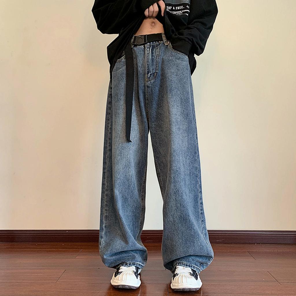 Vintage Wash Japanese Korean Wide Leg Jeans Women's Y2K Spring 2023 Couple Loose Drop Straight Leg Floor Length Cargo Jeans