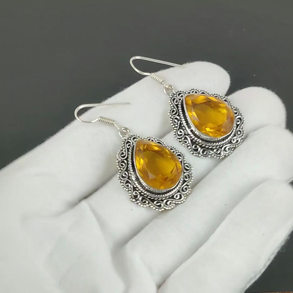Citrine Gemstone Earrings, 925 Sterling Silver Earrings, Silver Earrings For Gift, Citrine Dangle Drop Earrings For Valentine's Day Gifts