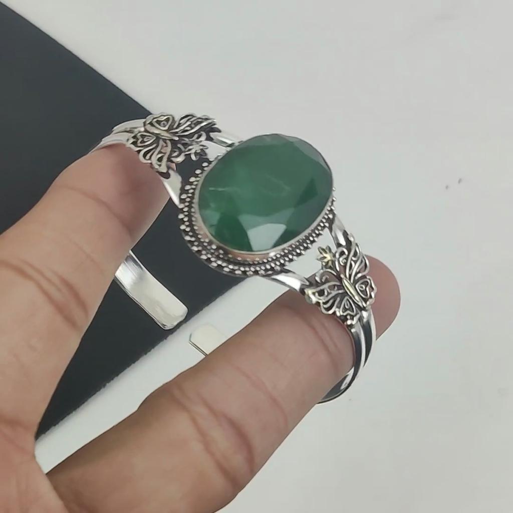 Pulseira de prata esterlina 925 com pedra preciosa esmeralda incrível feita à mão, pulseira de esmeralda, para esposa, pulseira unissex, presentes de noivado