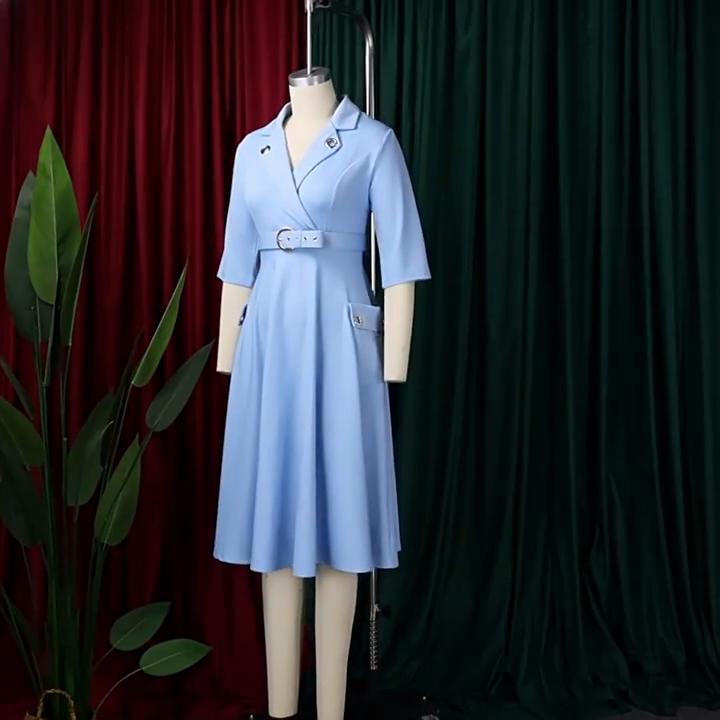 Abiti Eleganti 2026 Moda Scollo a Tacca Cintura in Vita Taglie Forti Pieghettato Lunghezza Media Abito da Festa