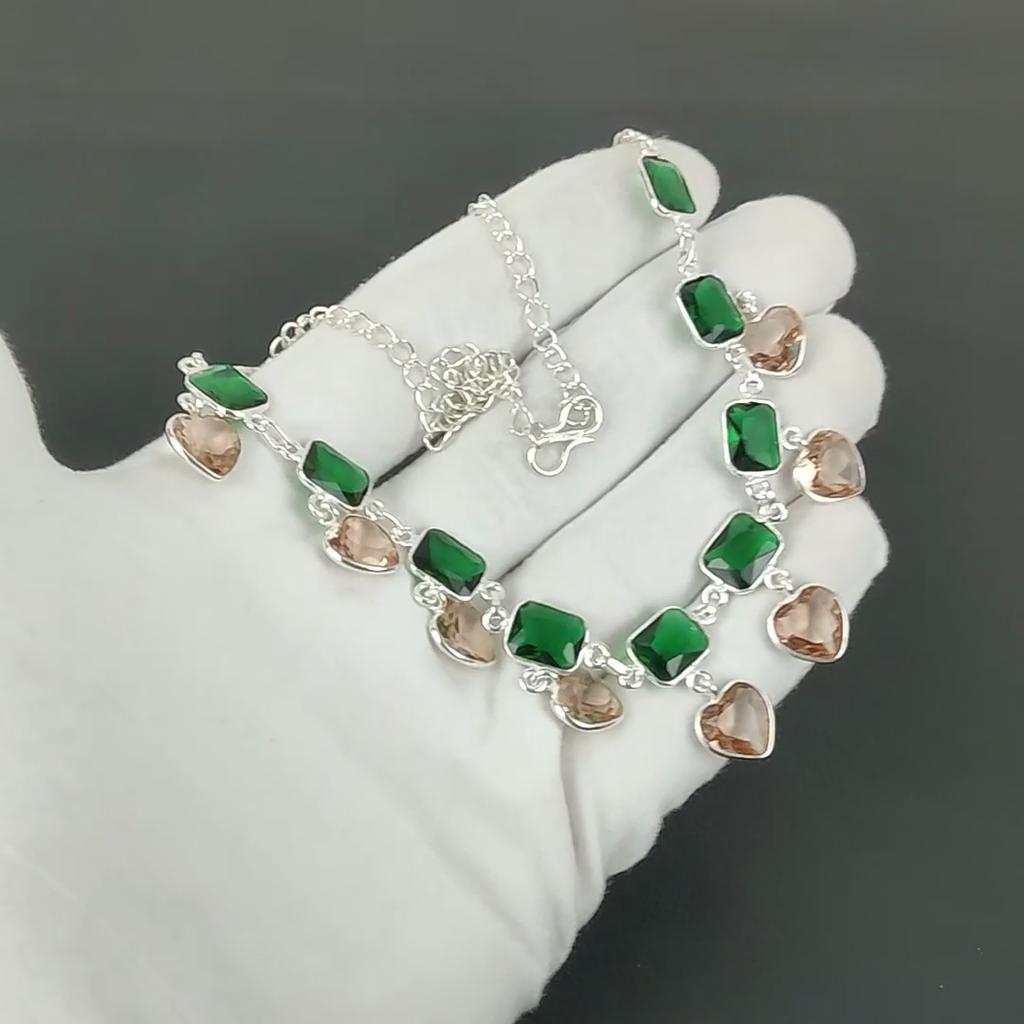 Morganite Heart Gemstone Necklace 925 Sterling Silver Necklace Green Tourmaline Necklace Bohemian Handmade Silver Necklace Gift Fort Mother