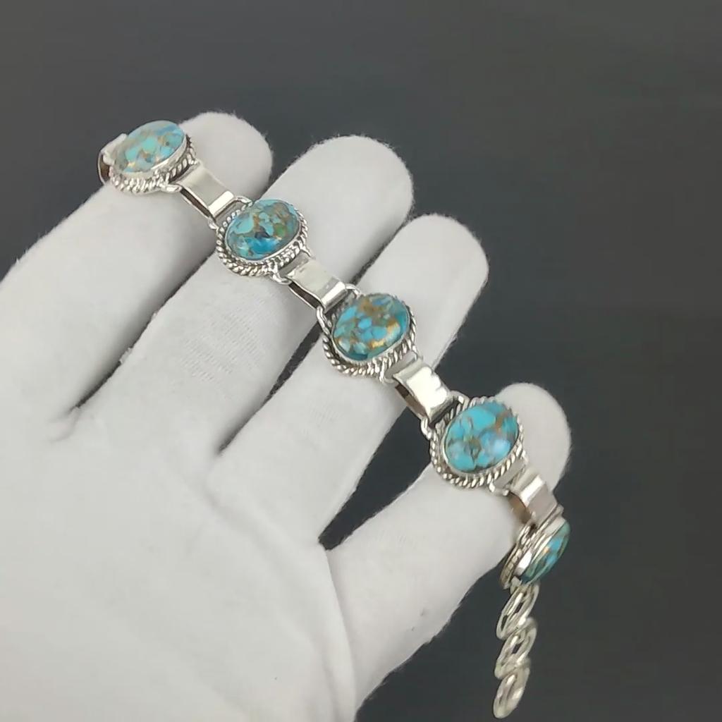 Blue Copper Turquoise Bracelet 925 Sterling Silver Bracelet Adjustable Chain Bracelet Handmade Boho Bracelet Gemstone Jewelry Birthday Gifts