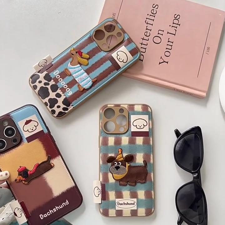 Cute 3D Dachshund Dog Color Block Phone Case, Leather Texture Protective Cover for iPhone