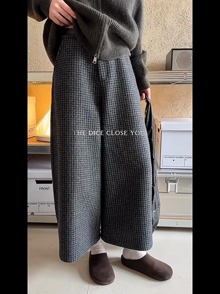 Johnature Wide-Leg Pants Women Vintage Plaid Cropped Pants Thick Casual Suit Pants For Winter