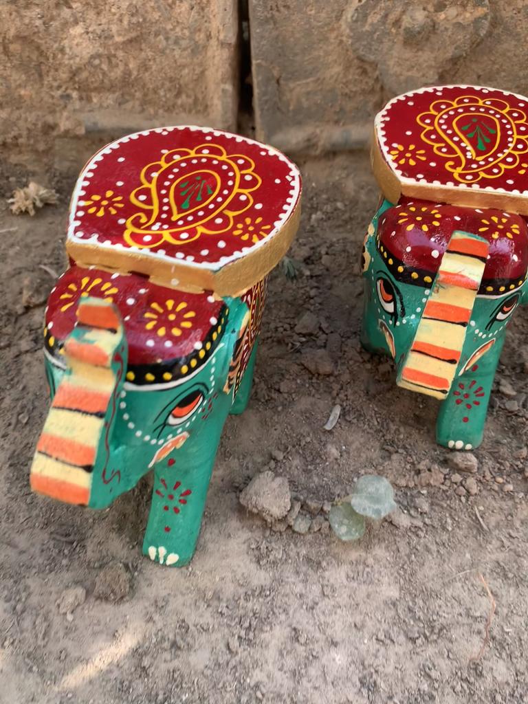 Hand Painted Wooden Elephant Stool Pair, Indian Folk Art Decorative Table