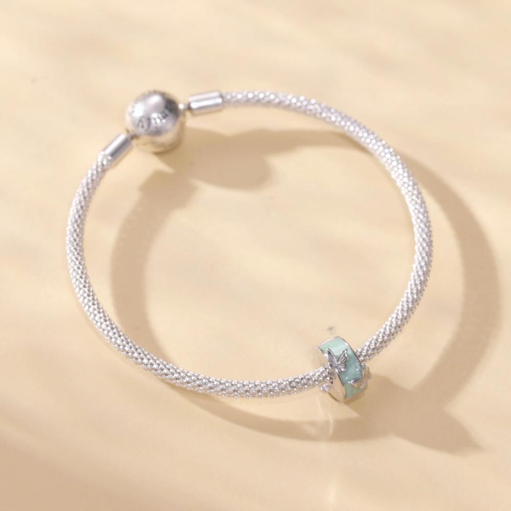 BAMOER 925 Sterling Silver Mint Green Enamel Butterfly Clip Charms Round Beads for Women Original Silver Bracelet Fine Jewelry