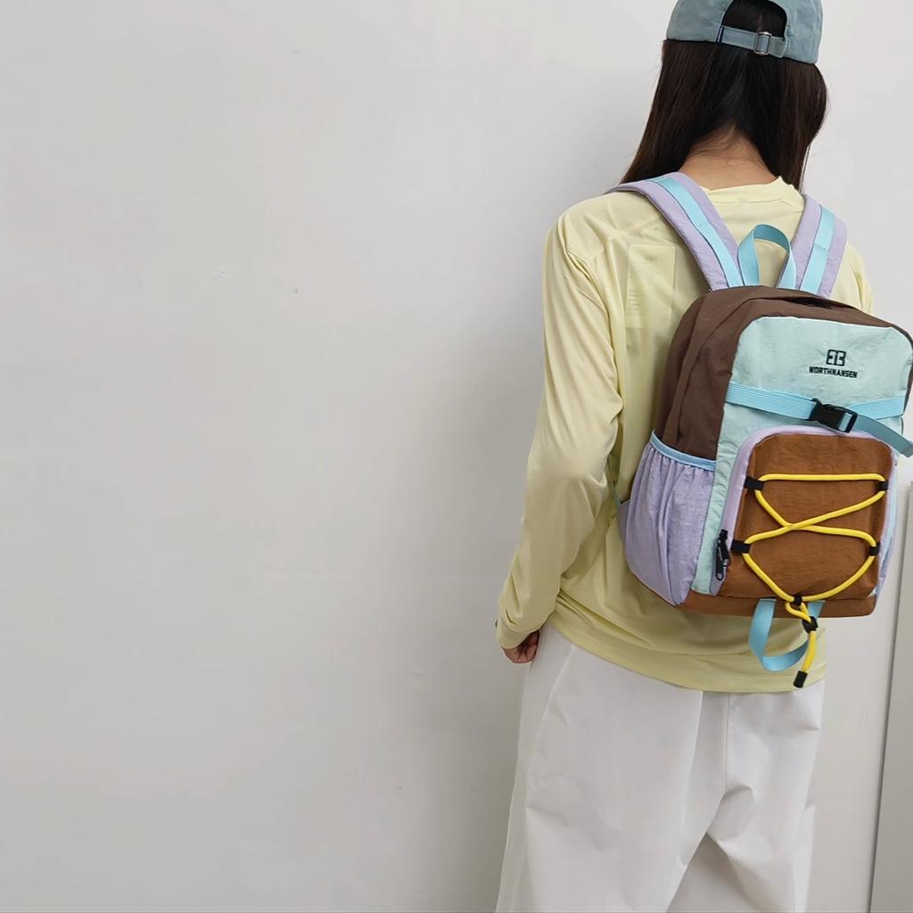 Colorblock Sport Backpack with Front Bungee Cord Buckle Strap Casual Lightweight Daypack for Outdoor Travel