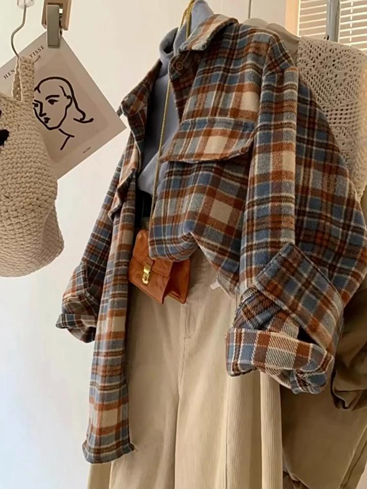 Contrast Woolen Plaid Women's Shirt Vintage Lapel Collar Ladies Long Sleeved Blouse Spring and Autumn Casual Versatile Loose Top