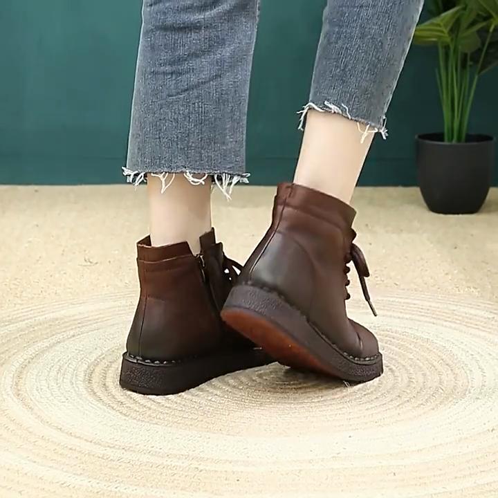 Johnature Retro Lace Up Επίπεδες κοντές μπότες από γνήσιο δέρμα άνετα, ευέλικτα γυναικεία παπούτσια