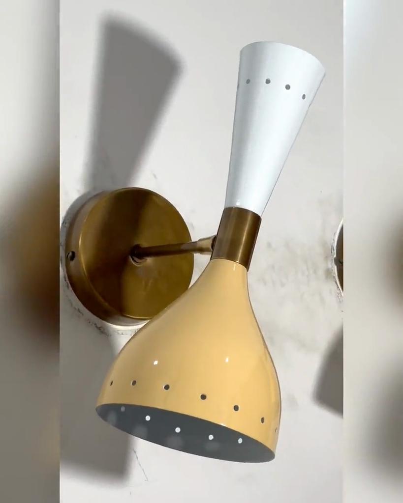 Mid Century Italian Brass Wall Sconce Pair: Beige & White Diablo Lights