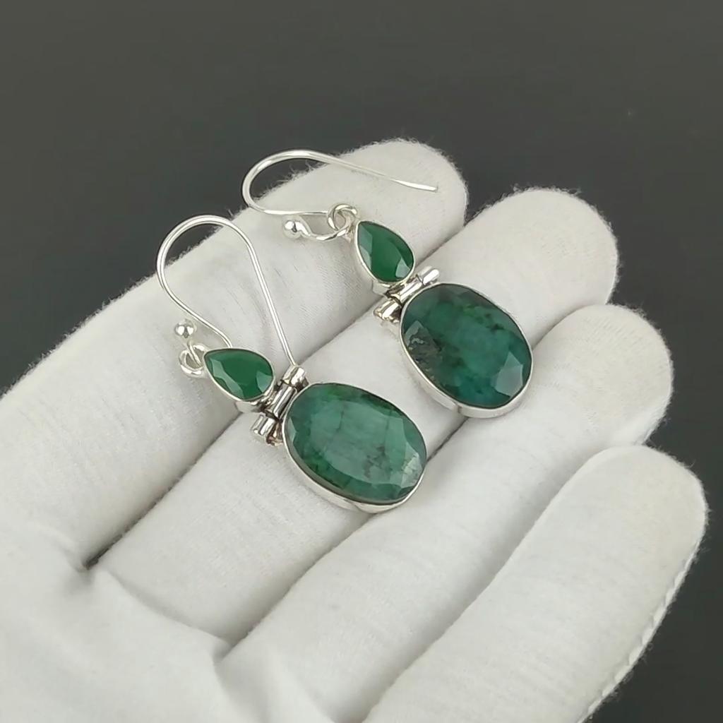 Elegant Emerald Gemstone Earrings, 925 Sterling Silver Earrings, Party Wear Jewelry, Dangle Drop Earrings For Anniversary Gifts