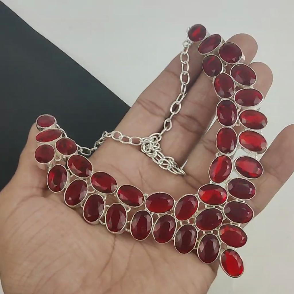 Elegantní červený granátový drahokam ručně vyrobený 925 stříbrný náhrdelník, červený granátový stříbrný náhrdelník pro manželku, unisexový náhrdelník, dárek k díkůvzdání