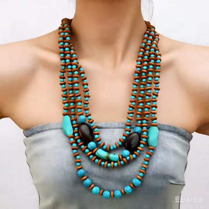 African Jewelry Bohemian Retro Ethnic Multi-layer Wooden Beads Imitation Turquoise Beaded Necklace Women's Party Accessories
