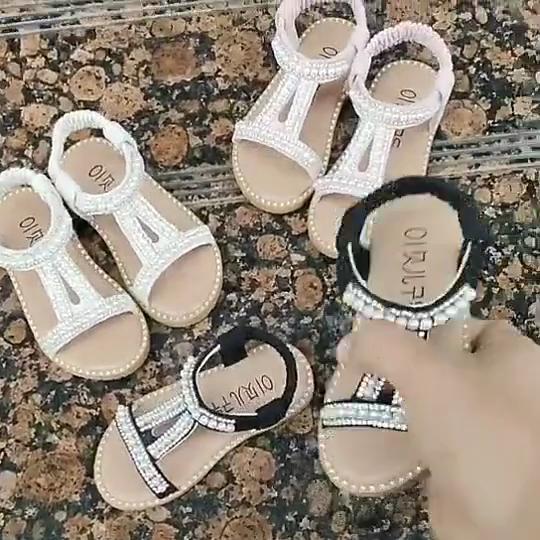 Girls Sandals Kids Summer Roman Shoes Elegant Pearl Rhinestone Party Princess Shoe Flats Non-slip Casual Girl Beach Sandal