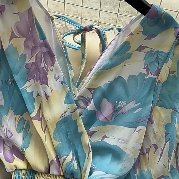 YYFS Women's Fashion Summer Spring Flower Pattern Print Short Sleeve V-Neck High Waist Casual Dresses