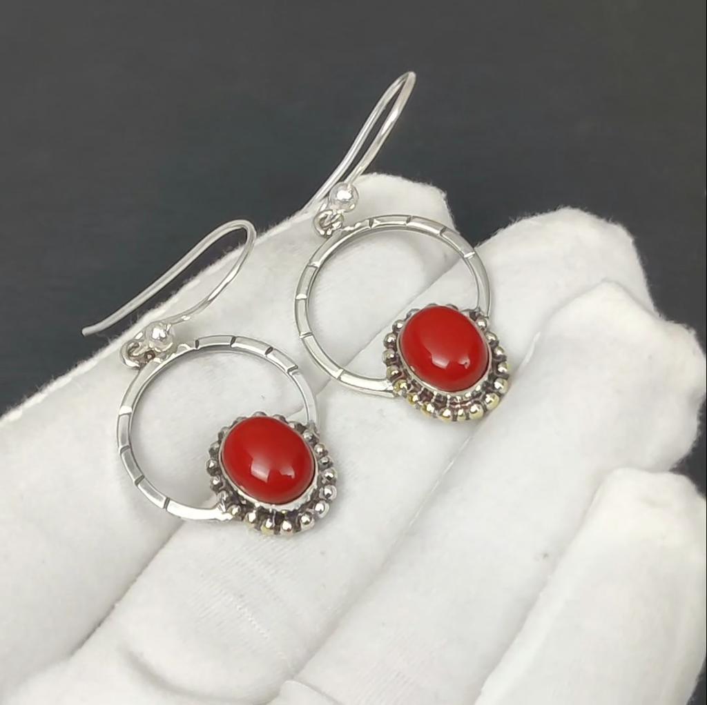 Boucles d'oreilles en Pierre Précieuse Corail Rouge Naturel, Boucles d'oreilles en Argent Sterling 925, Boucles d'oreilles Pendantes Bijoux Bohèmes Argent Faits Main, Cadeau d'Anniversaire Pour Hommes