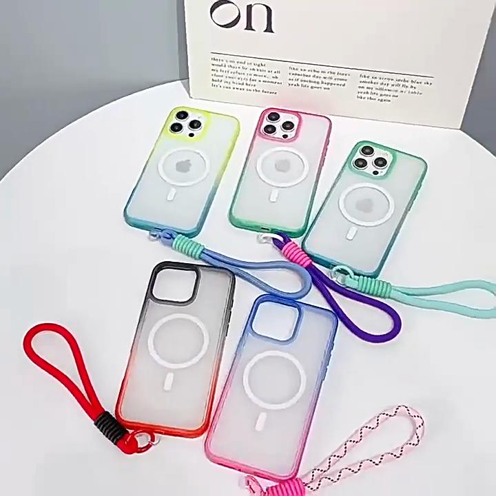 Water Texture Gradient Color Case For iPhone 16 Pro Max 11 12 13 14 15 Pro Max 16 Plus For Magsafe Magnetic Cover With Lanyard