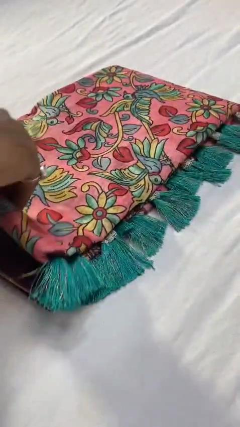 Soft cotton  chanderi sarees with kalamkari digital print pattern tassels over the saree.