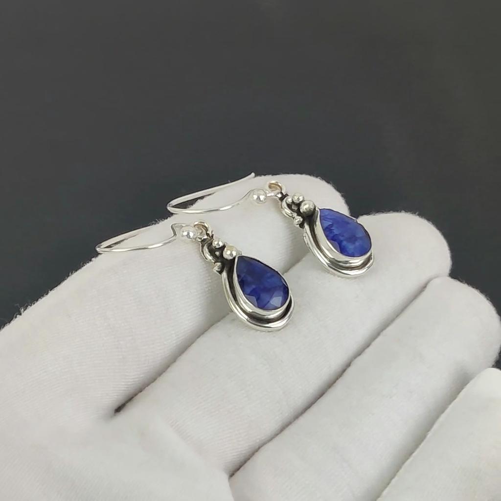 Wunderschöne Blaue Saphir Edelstein Ohrringe, 925 Sterling Silber Ohrringe, Handgemachte Boho Silber Schmuck Ohrhänger, Geburtstagsgeschenk