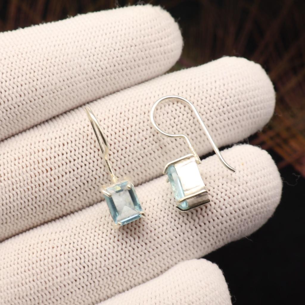 Φυσικός Γαλάζιος Τοπάζι πολύτιμος λίθος Ασημένιο Μποέμ Σκουλαρίκι 1" Ασήμι 925 Χειροποίητο Κόσμημα Για Δώρο Αγίου Βαλεντίνου/Επετείου EE-180-11