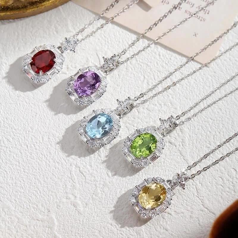 S925 Sterling Silver Natural Gemstone Necklace for Women, Multi-Color Crystal Pendant, Versatile Jewelry