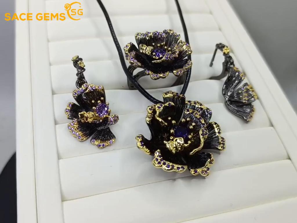 Sace Gems Klassiske kobberlegering sirkon ring øredobber anheng halskjede smykkesett bryllupsfest gaver