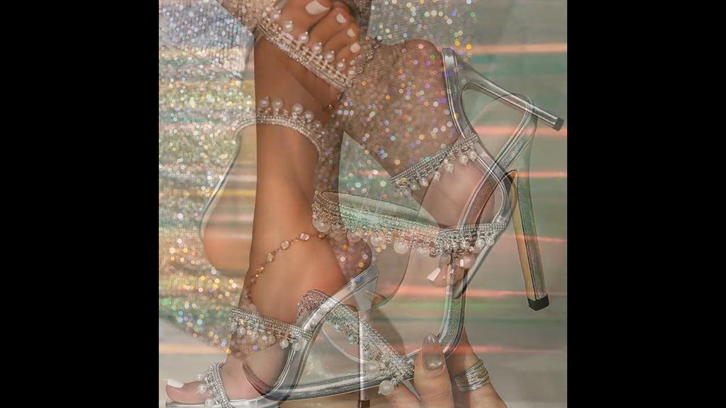 Eilyken Crystal Diamond String Beads Open Toe Women Slippers Sexy Thin High Heels Banquet Shoes Fashion Flip Flops Pumps