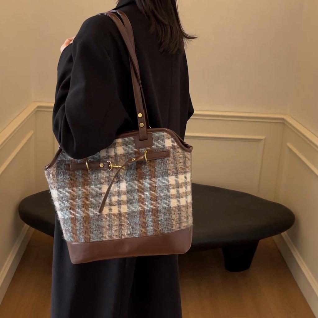 Karierte Einkaufstasche mit großer Kapazität, Umhängetasche für Damen, Vintage-Rucksack