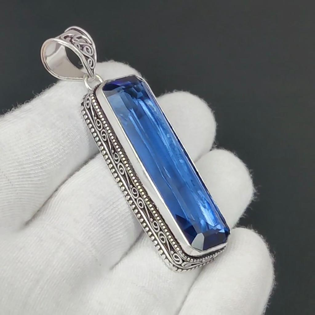 Long Tanzanite Gemstone Silver Antique Pendant, 925 Sterling Silver Pendant, Silver Long Tanzanite Jewelry, Pendant For Her, For Gifts