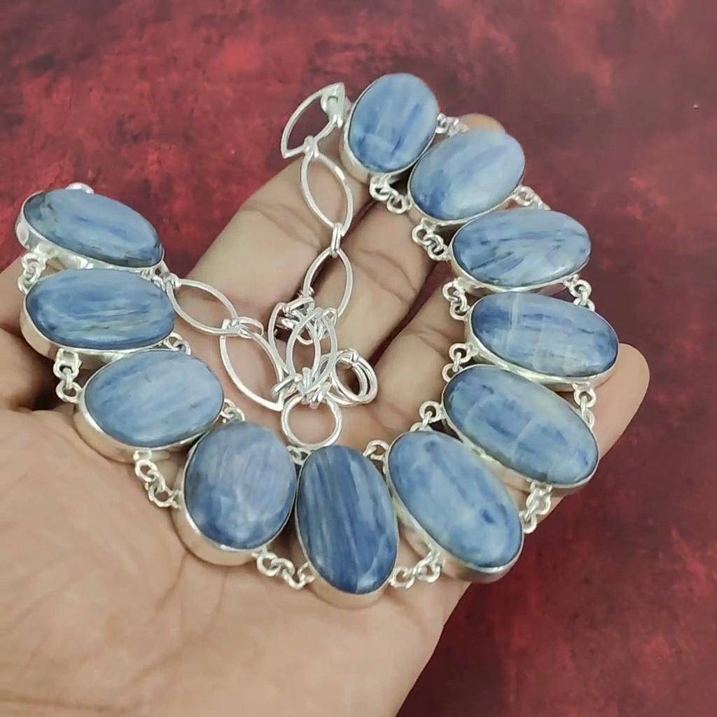 Bijoux faits main en pierre de cyanite, parure en argent sterling 925 massif, magnifique ensemble collier et bracelet pour elle, superbe bijou à offrir