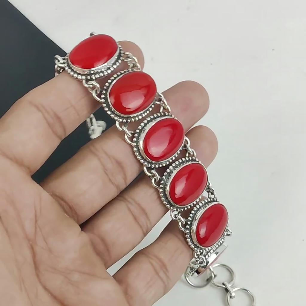 Natural Red Coral Gemstone Handmade 925 Sterling Silver Bracelet, Red Coral Bracelet For Wife , Unisex Bracelet, Birthday Gift For Wife