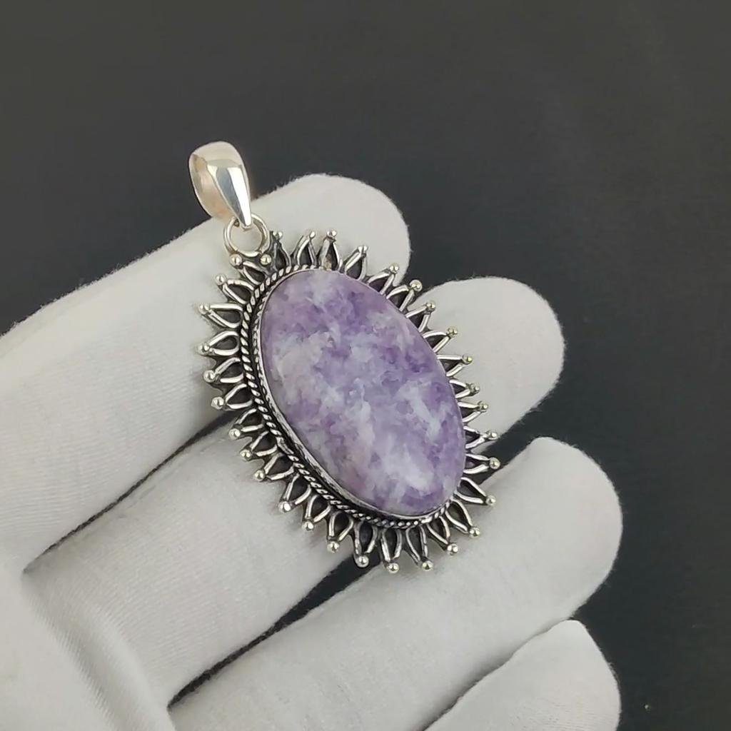 Natural Lepidolite Gemstone Silver Pendant In 925 Sterling Silver - Handmade Oval Design, Everyday Wear Jewelry Wadding Gift