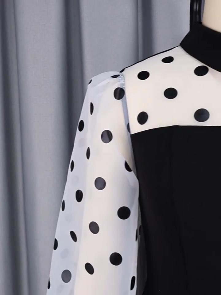 Elegant Long Sleeve Dresses 2026 Polka Dot Printed Buttons Sheath Package Hips Mid Calf Dress