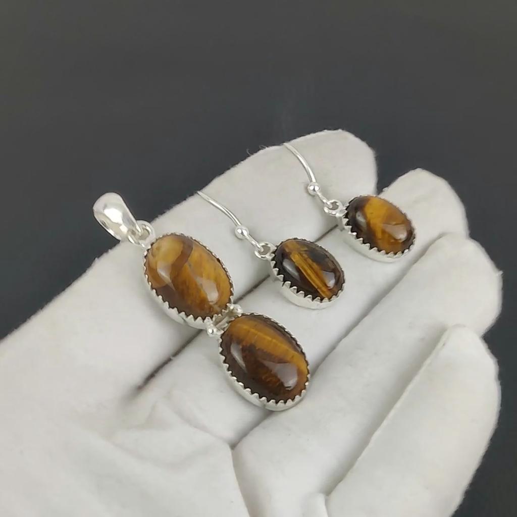 Tiger Eye Pendant Set, Tiger Eye Gemstone Handmade 925 Sterling Silver Earring Pendant Set For Women Pendant Gift For Love