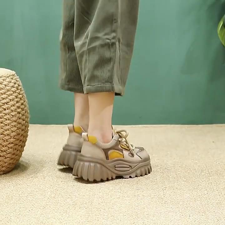 Johnature Genuine Leather Splicing Mesh Casual Shoes Lightweight Lace Up Thick Soled Women's Shoes