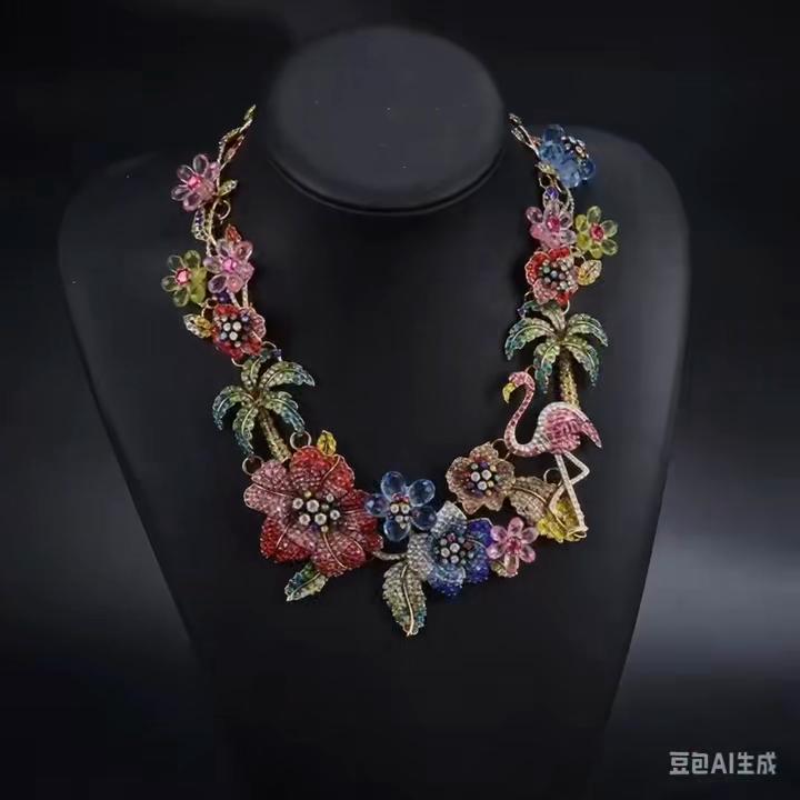 Modischer bunter Kristall Strass Flamingo Choker Halskette Damen Indisch Ethnisch Statement Großer Kragen Großes Lätzchen Halskette Schmuck